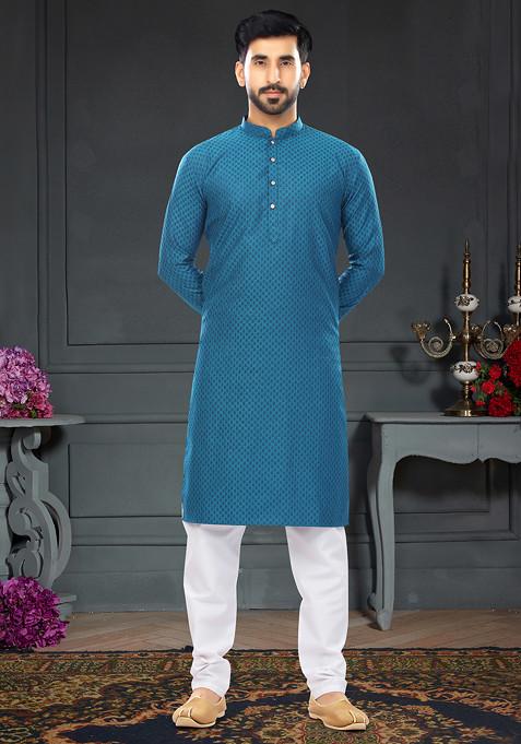 Aqua Blue Embroidered Jacquard Cotton Kurta Set For Men