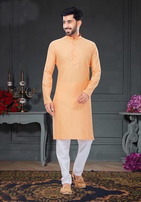 Light Peach Embroidered Jacquard Cotton Kurta Set For Men