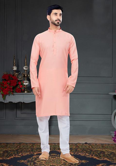 Light Pink Embroidered Jacquard Cotton Kurta Set For Men