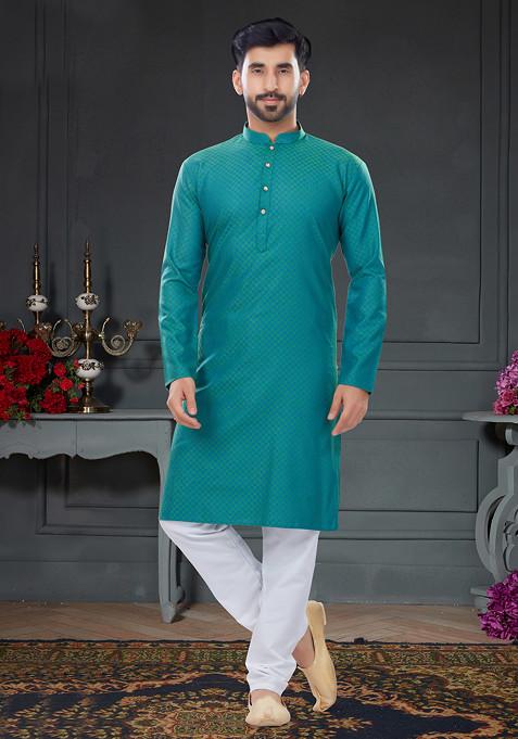 Teal Green Embroidered Jacquard Cotton Kurta Set For Men