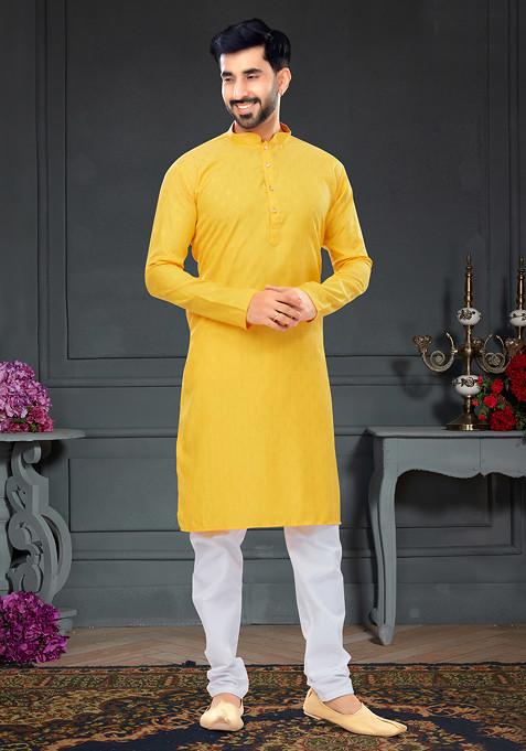 Yellow Embroidered Jacquard Cotton Kurta Set For Men