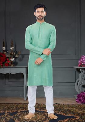 Mint Green Embroidered Jacquard Cotton Kurta Set For Men