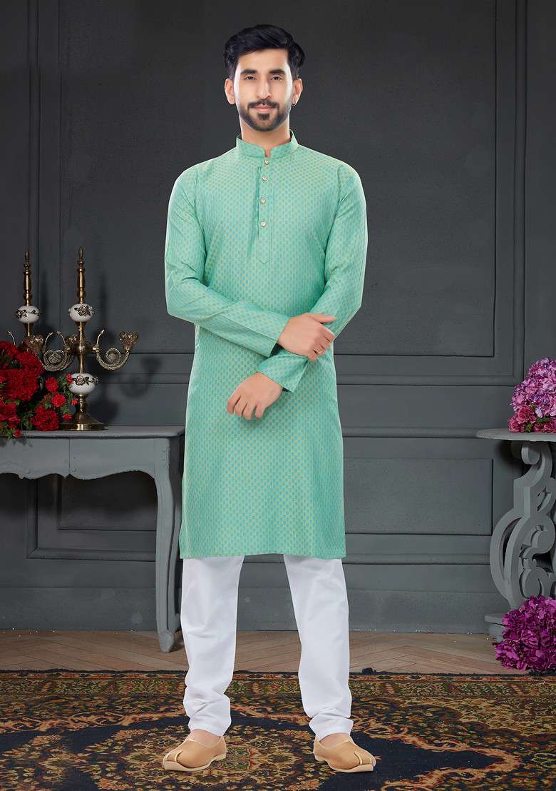 Mint Green Embroidered Jacquard Cotton Kurta Set For Men - Indya