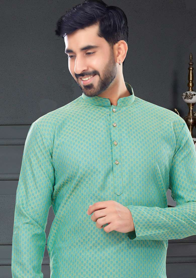 Mint Green Embroidered Jacquard Cotton Kurta Set For Men - Indya