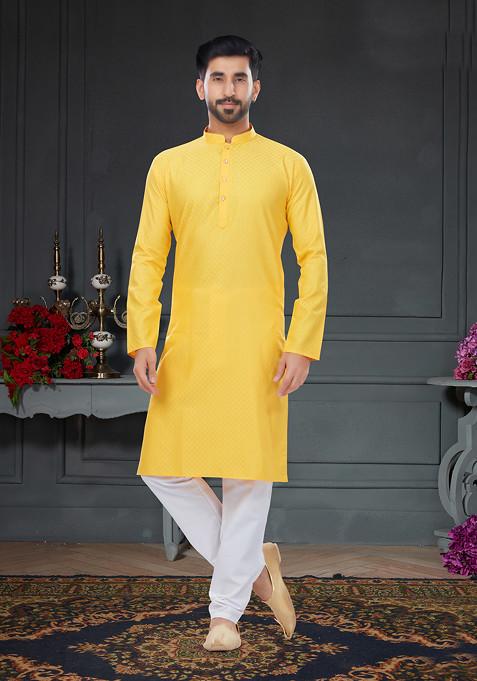 Yellow Embroidered Jacquard Kurta Set For Men