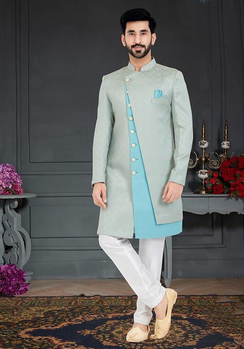 Grey Embroidered Indo Western Jacket And Kurta Set For Men