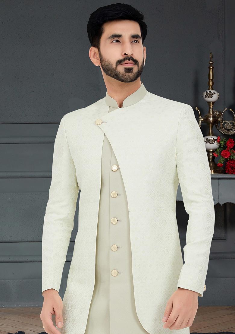 Off White Embroidered Indo Western Jacket And Kurta Set For Men
