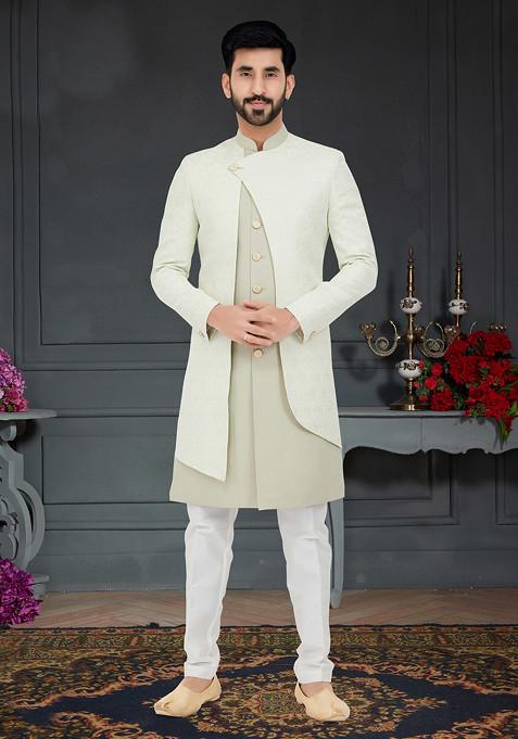 Off White Embroidered Indo Western Jacket And Kurta Set For Men