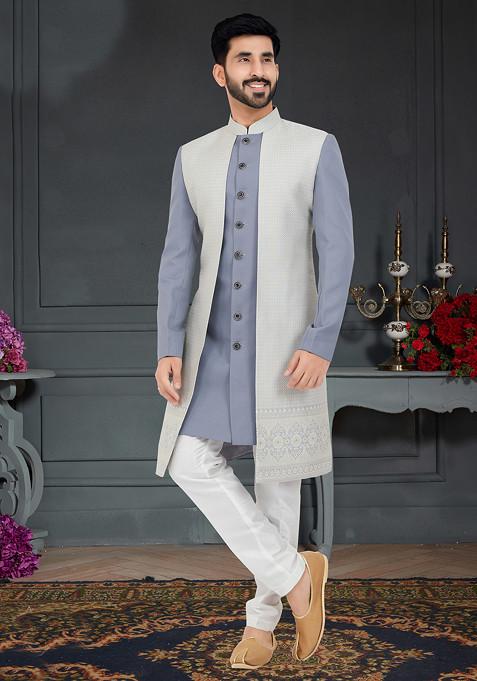 Grey Embroidered Weaving Indo Western Jacket And Kurta Set For Men