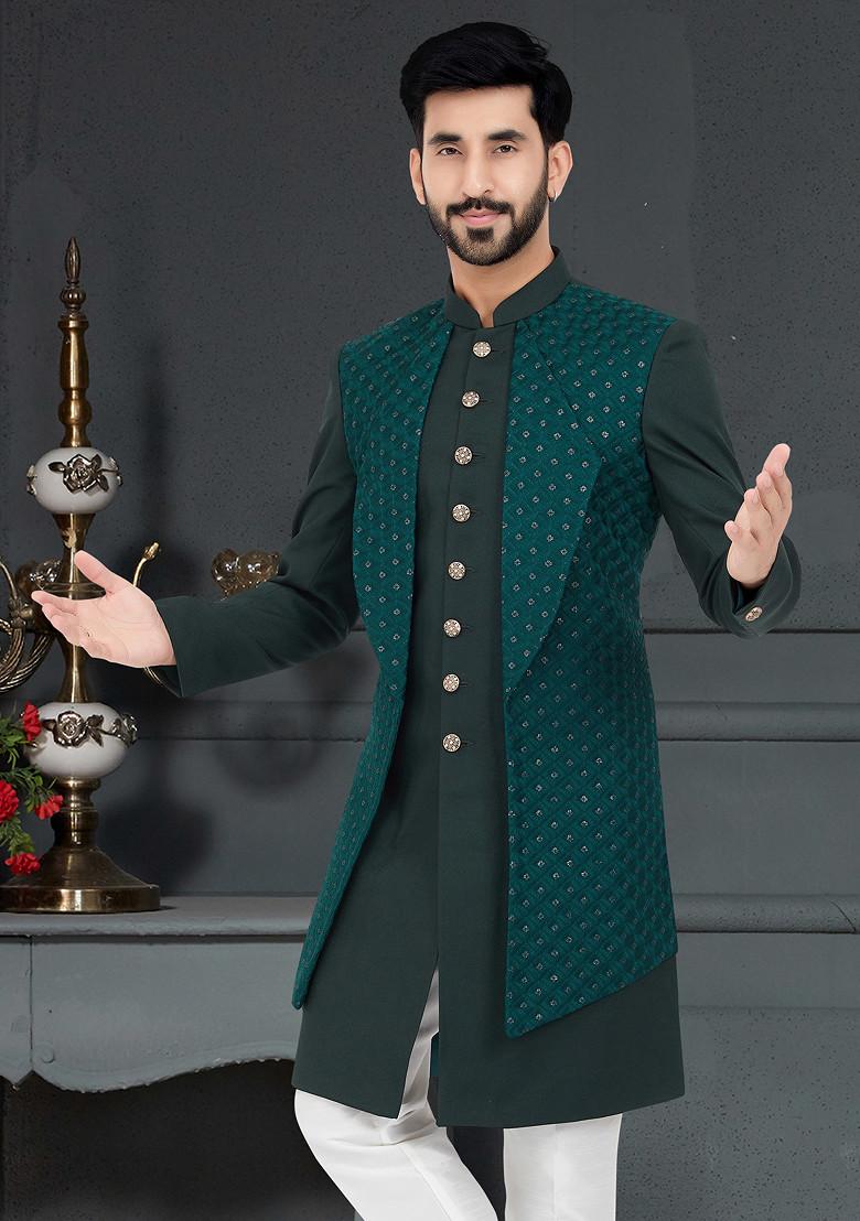 Dark Green Embroidered Indo Western Jacket And Kurta Set For Men