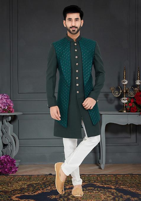 Dark Green Embroidered Indo Western Jacket And Kurta Set For Men