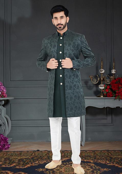 Olive Green Embroidered Jacquard Indo Western Jacket And Kurta Set For Men