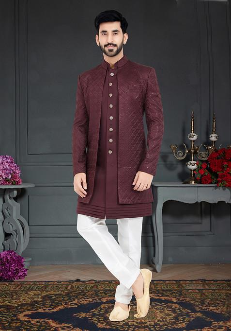 Maroon Embroidered Indo Western Jacket And Kurta Set For Men