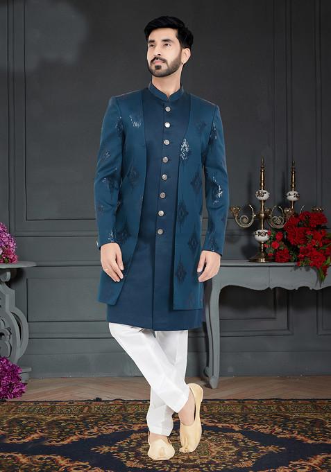 Teal Blue Embroidered Indo Western Jacket And Kurta Set For Men