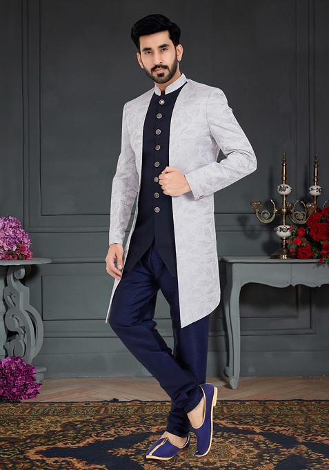 Navy Blue Embroidered Jacquard Indo Western Jacket And Kurta Set For Men