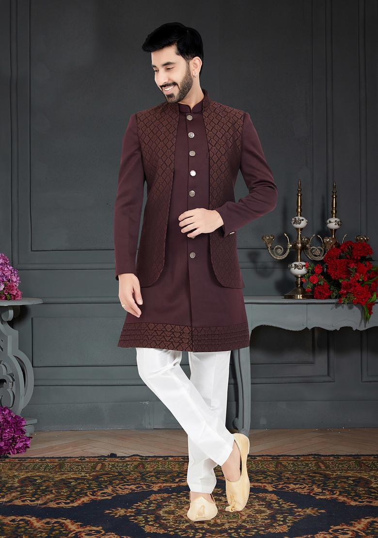Buy Dark Maroon Embroidered Indo Western Jacket And Kurta Set For