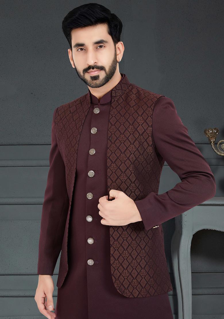 Dark Maroon Embroidered Indo Western Jacket And Kurta Set For Men