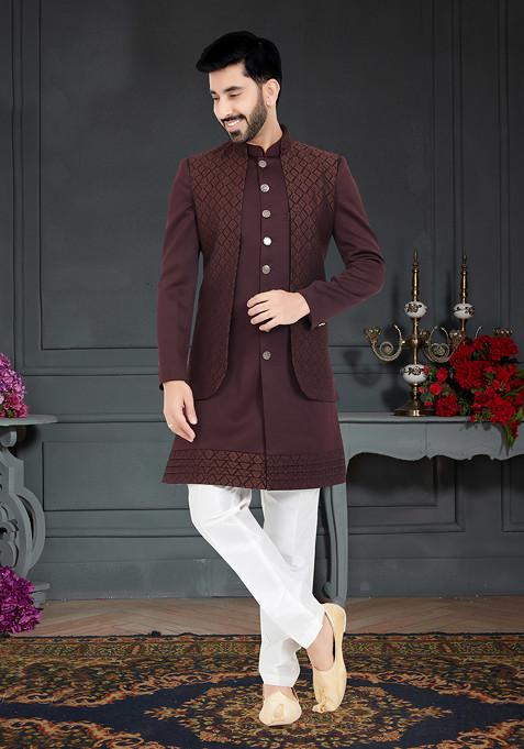 Dark Maroon Embroidered Indo Western Jacket And Kurta Set For Men