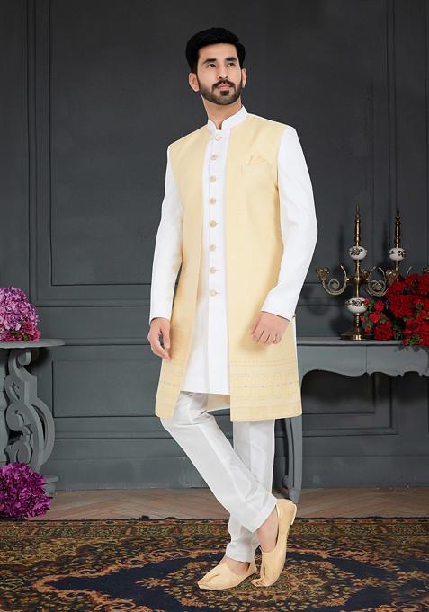 Dark Cream Embroidered  Indo Western Jacket And Kurta Set For Men