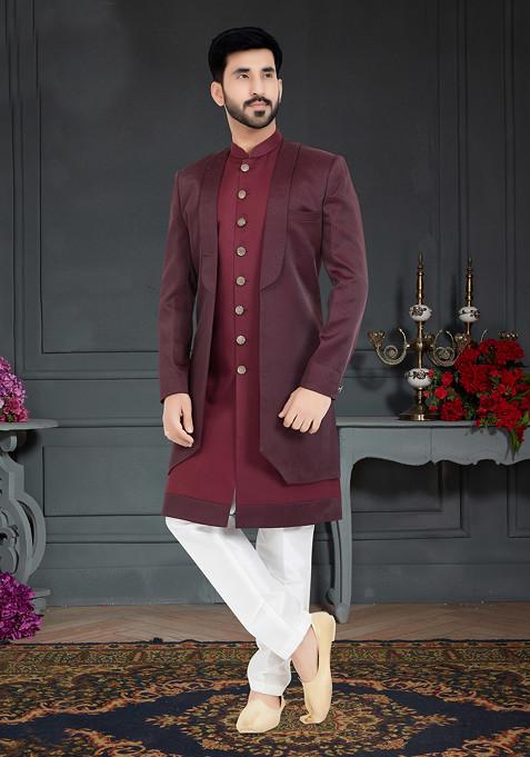 Magenta Embroidered Satin Indo Western Jacket And Kurta Set For Men