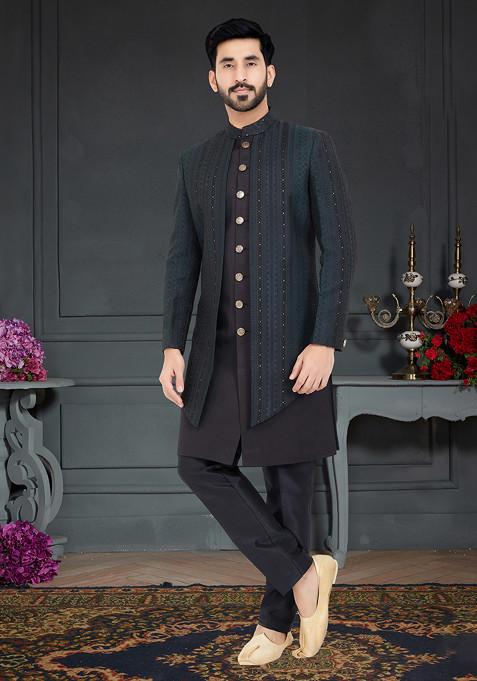 Black And Rama Embroidered Indo Western Jacket And Kurta Set For Men