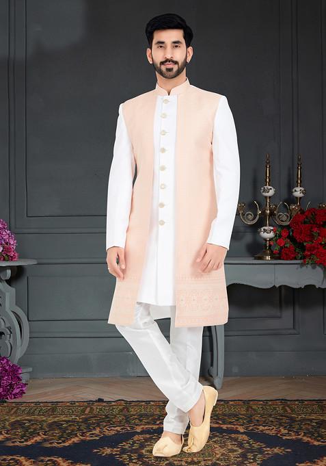 Peach And White Embroidered Indo Western Jacket And Kurta Set For Men