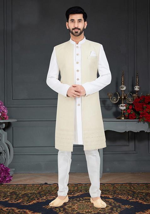 Cream Embroidered Jacquard Indo Western Jacket And Kurta Set For Men