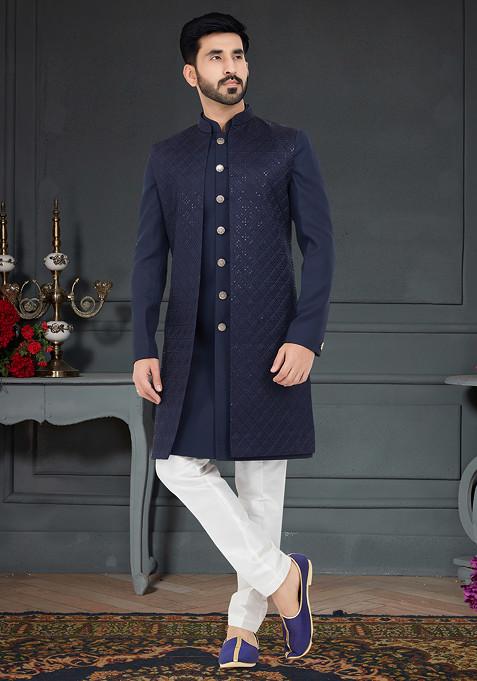 Navy Blue Embroidered Indo Western Jacket And Kurta Set For Men