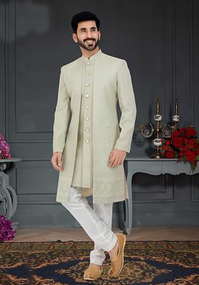 Olive Embroidered Jacquard Indo Western Jacket And Kurta Set For Men