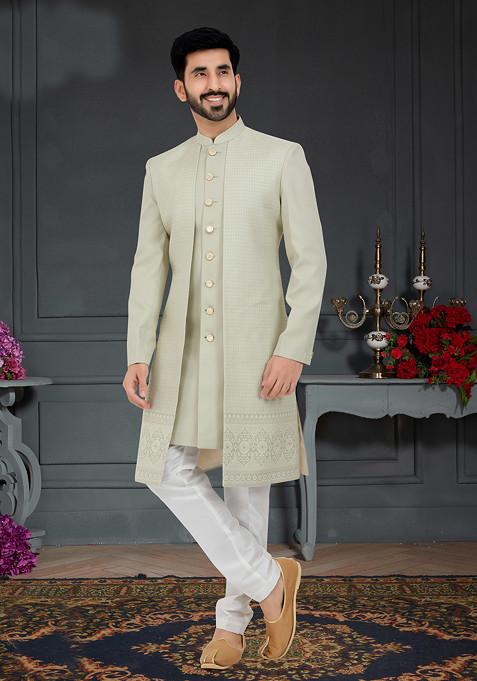 Olive Embroidered Jacquard Indo Western Jacket And Kurta Set For Men