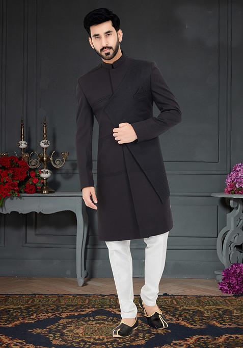 Black Embroidered Rayon Indo Western Jacket And Kurta Set For Men