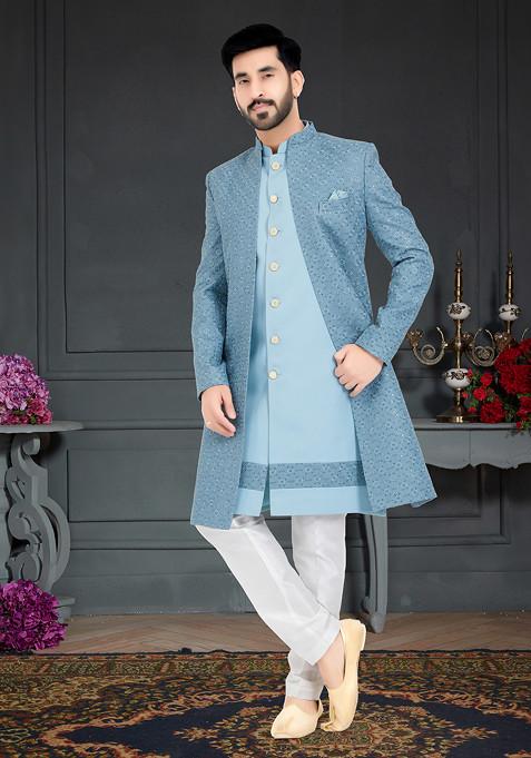 Sky Blue Embroidered Indo Western Jacket And Kurta Set For Men