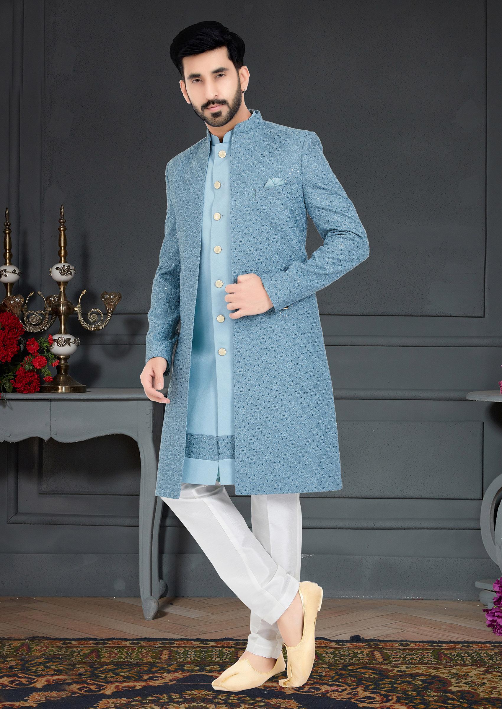 New Indo Western Dress Design For Men Buy Sky Blue Embroidered