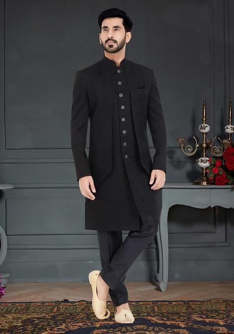 Black Embroidered  Indo Western Jacket And Kurta Set For Men