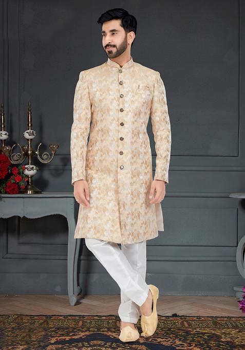 Cream Embroidered Indo Western Sherwani Set For Men