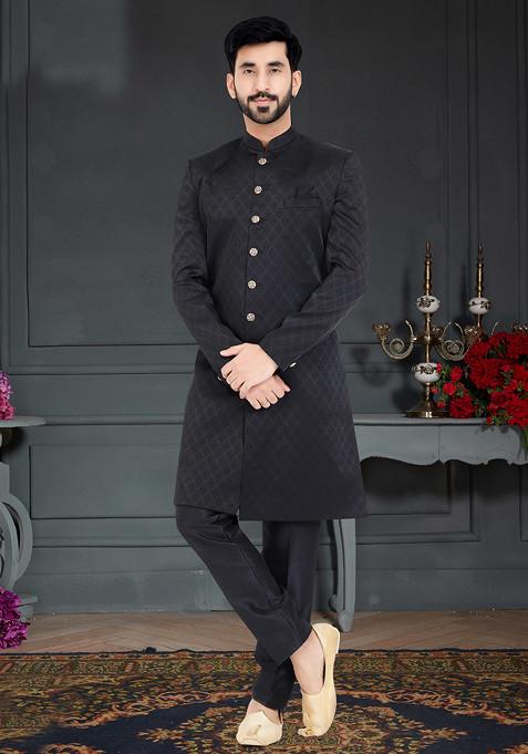 Black Embroidered Satin Weaving Sherwani Set For Men