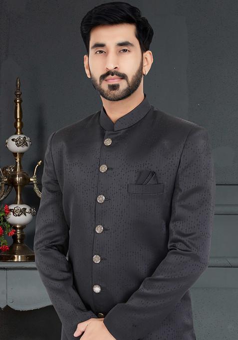 Black Embroidered Satin Sherwani Set For Men