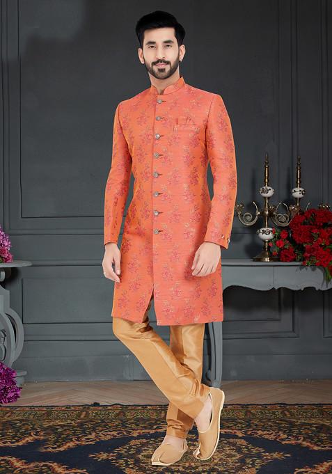 Orange Embroidered Weaving Jacquard Sherwani Set For Men