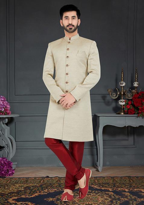 Off White Embroidered Weaving Jacquard Sherwani Set For Men