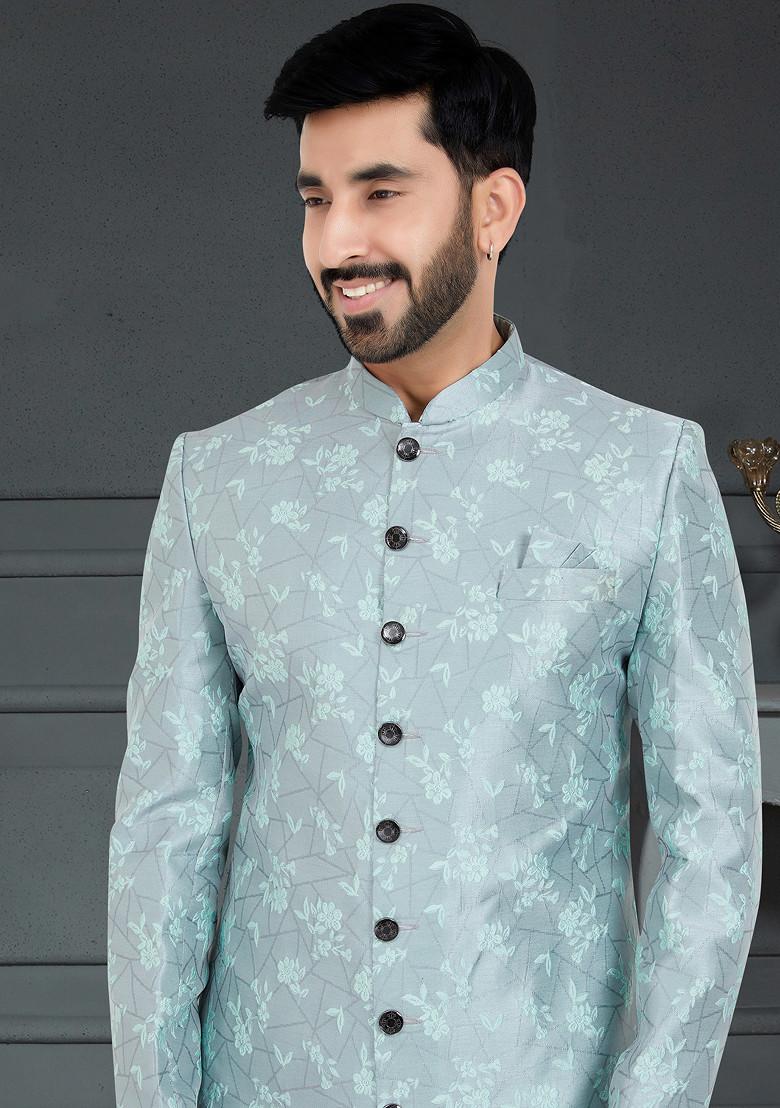 Aqua Blue Embroidered Weaving Jacquard Sherwani Set For Men