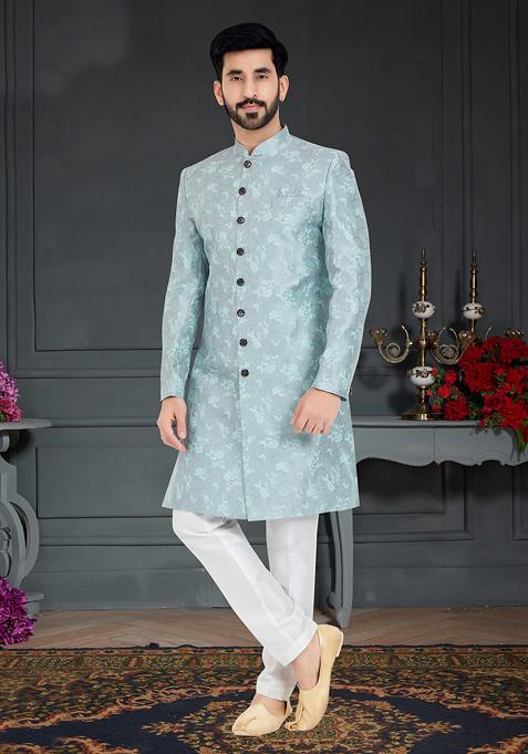 Aqua Blue Embroidered Weaving Jacquard Sherwani Set For Men