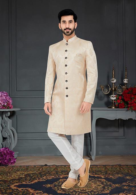 Cream Embroidered Weaving Jacquard Sherwani Set For Men