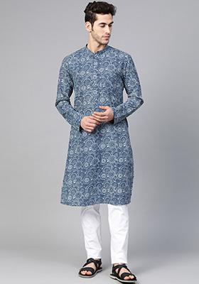 Indigo Blue Hand Block Print Cotton Kurta For Men