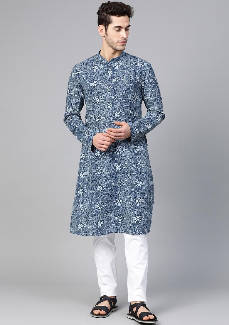 Indigo Blue Hand Block Print Cotton Kurta For Men
