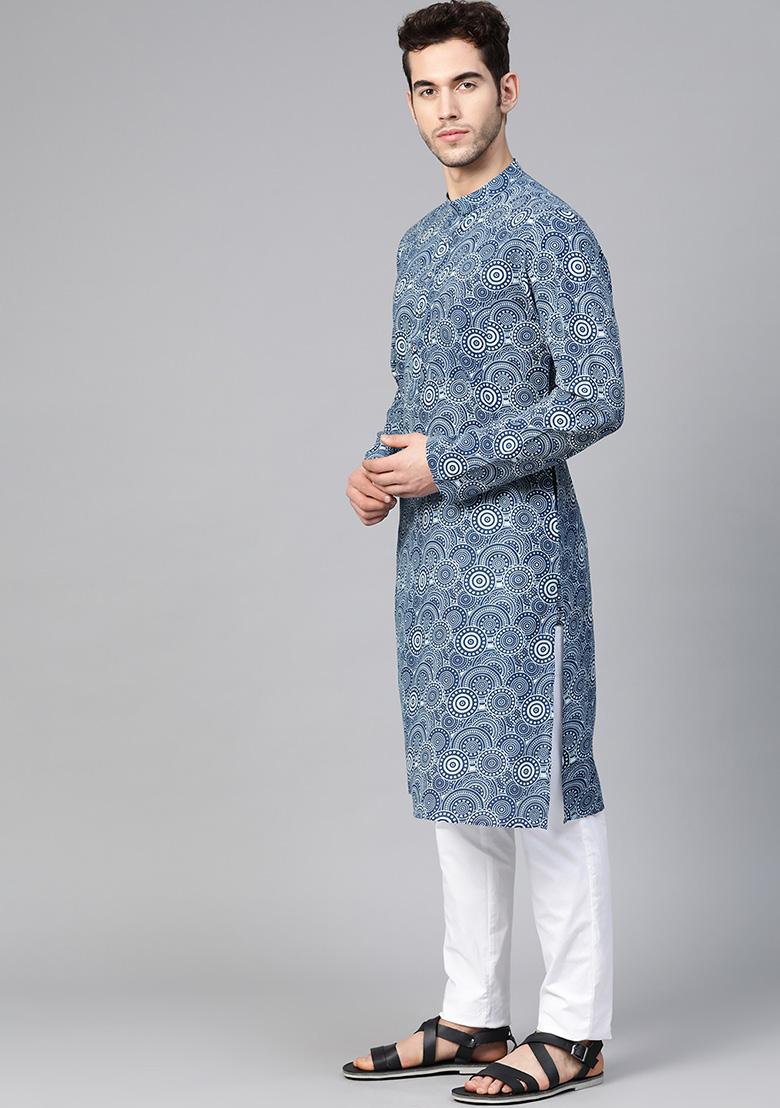 Indigo Blue Hand Block Print Cotton Kurta For Men