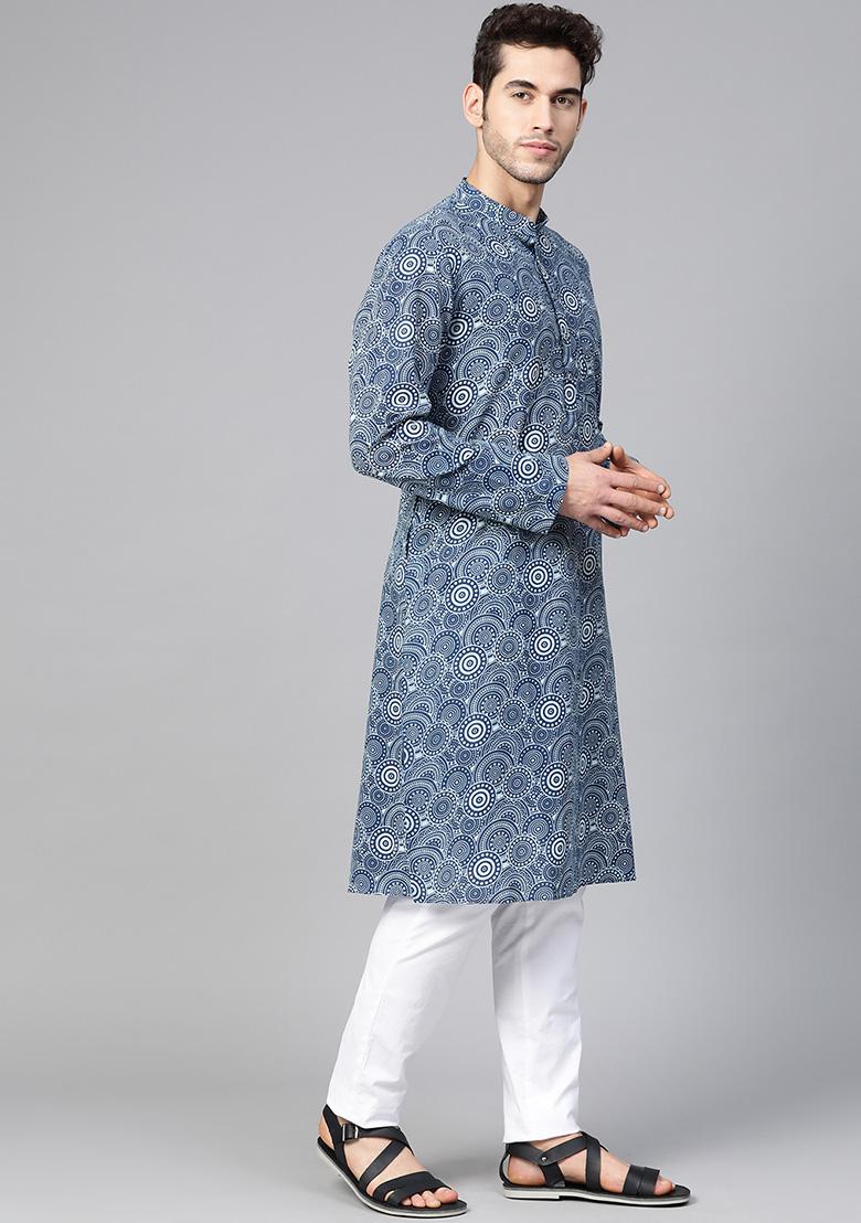 Indigo Blue Hand Block Print Cotton Kurta For Men