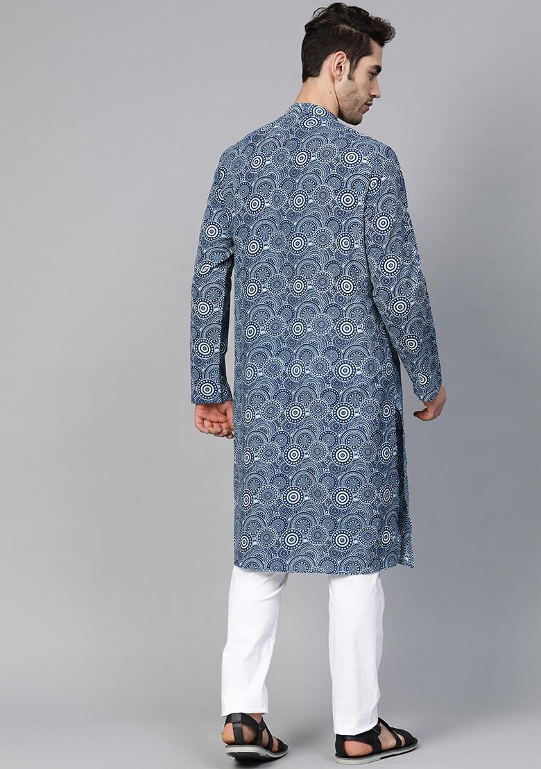Indigo Blue Hand Block Print Cotton Kurta For Men - Indya