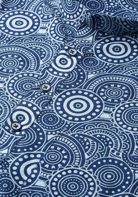 Indigo Blue Hand Block Print Cotton Kurta For Men