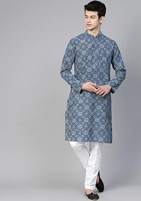 Blue Hand Block Print Cotton Kurta Set For Men