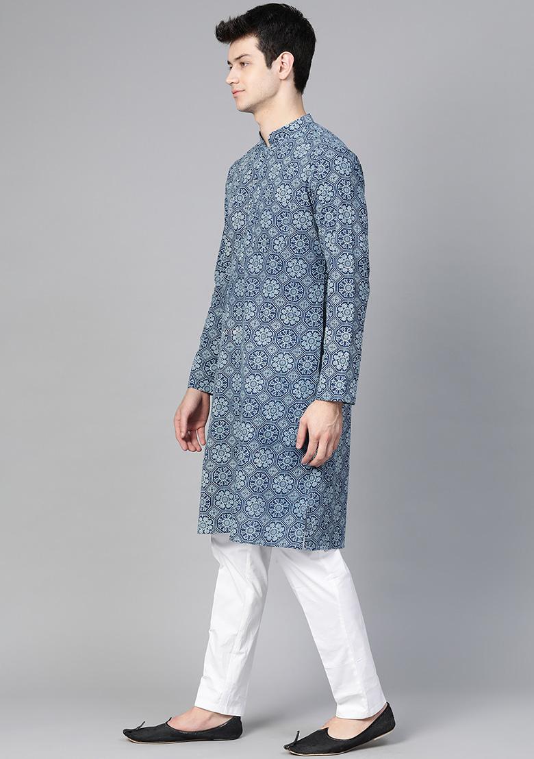 Blue Hand Block Print Cotton Kurta Set For Men - Indya